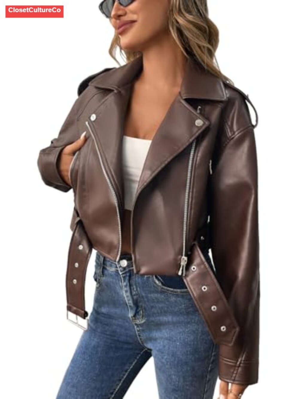 Faux Leather Cropped Moto Biker Jacket Vegan Belted